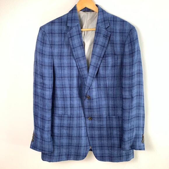 Tasso Elba Size M (39-41) Men's Linen Sport Coat Blazer Jacket Blue Plaid Career - Picture 1 of 9
